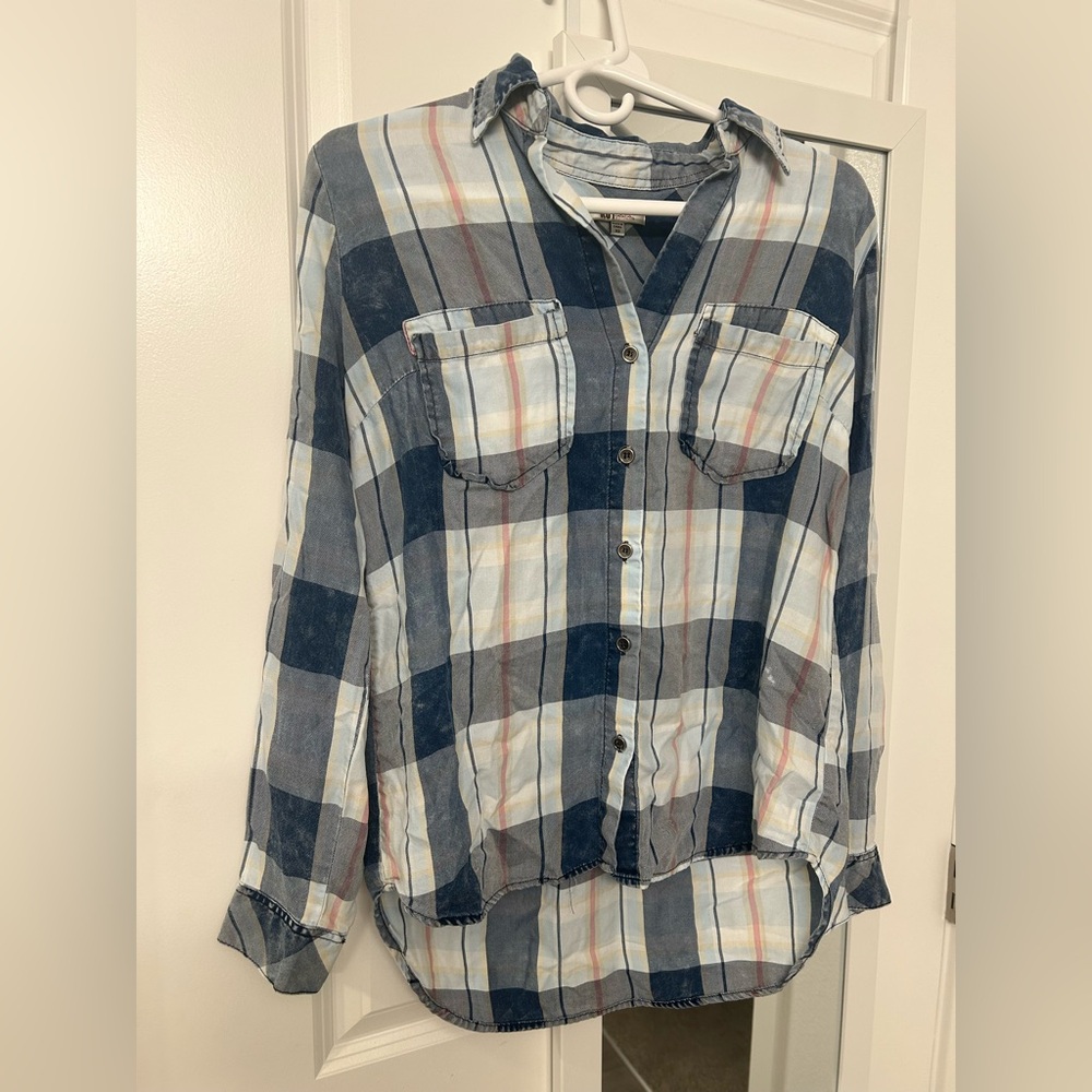 Kut from the Kloth Blue and White Plaid Button-Down Shirt